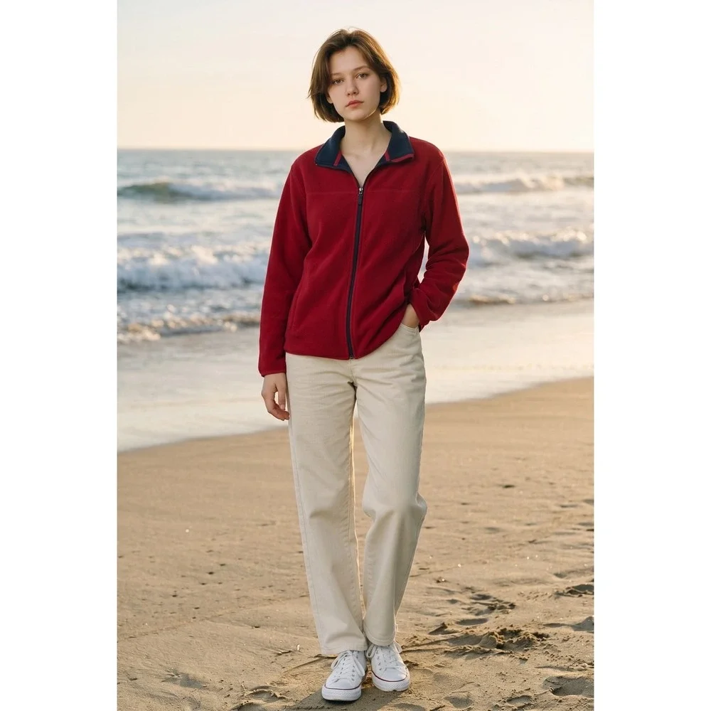 Lands End Womens Red Fleece Full Zip Jacket Navy‎ Blue Neck Outdoor Layering S